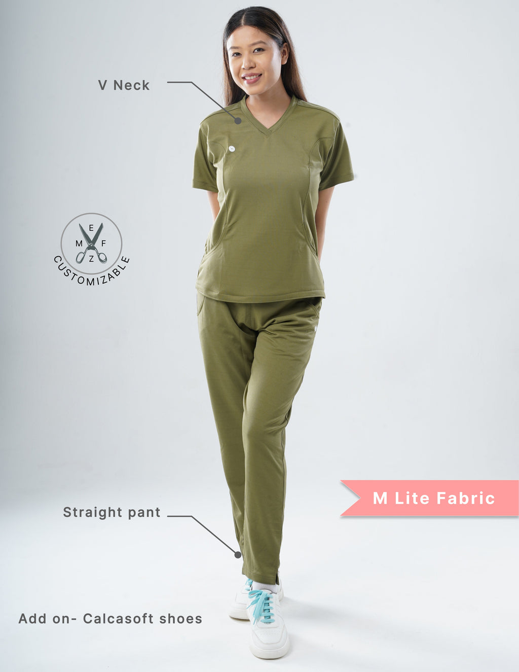 FERIL OLIVE  V Neck / Straight Pant / 2 way Stretch (FemaleFullset) MKZ44