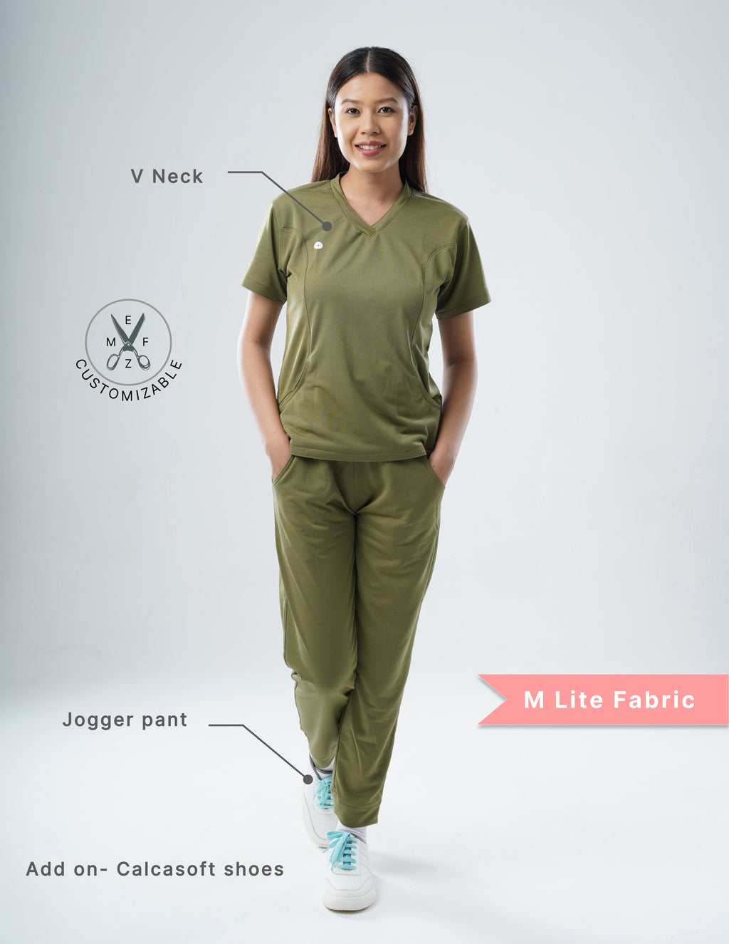 FERIL OLIVE  V Neck / Jogger Pant / 2 way Stretch (FemaleFullset) MKZ43