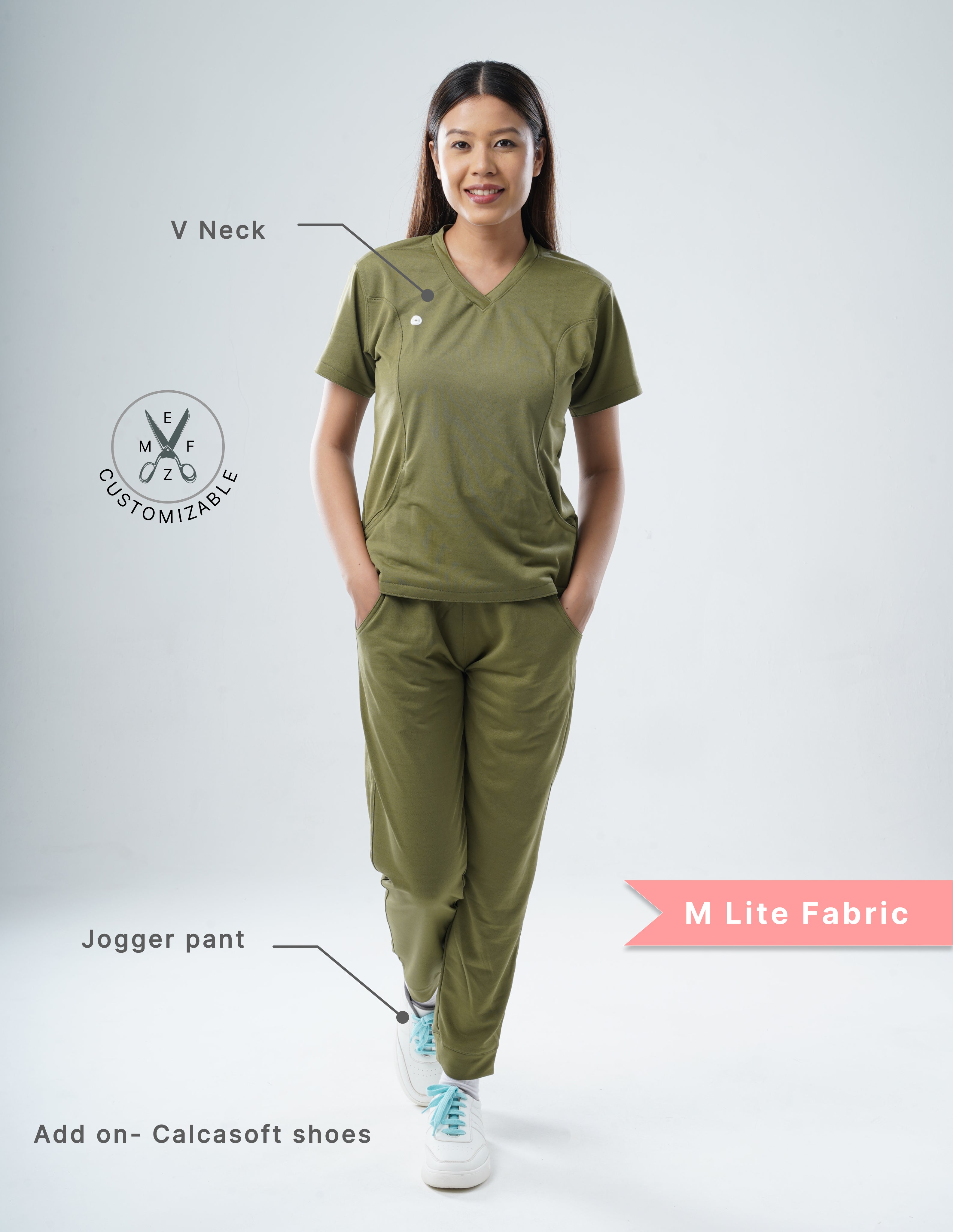 FERIL OLIVE  V Neck / Jogger Pant / 2 way Stretch (FemaleFullset) MKZ43