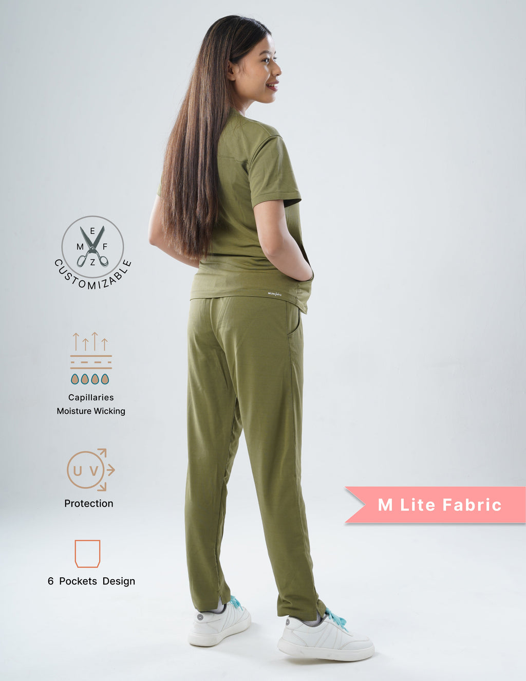 FERIL OLIVE  V Neck / Straight Pant / 2 way Stretch (FemaleFullset) MKZ44