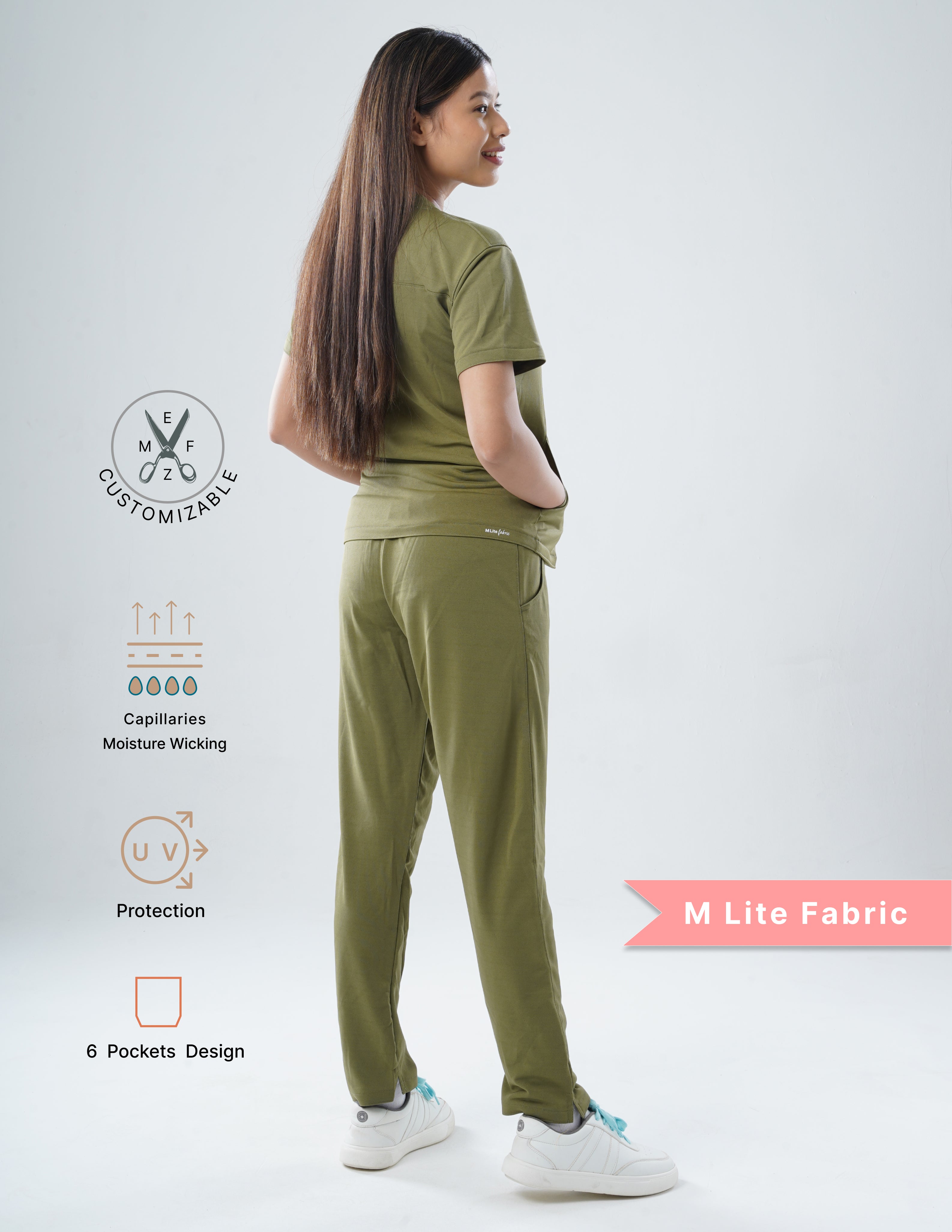 FERIL OLIVE  V Neck / Straight Pant / 2 way Stretch (FemaleFullset) MKZ44