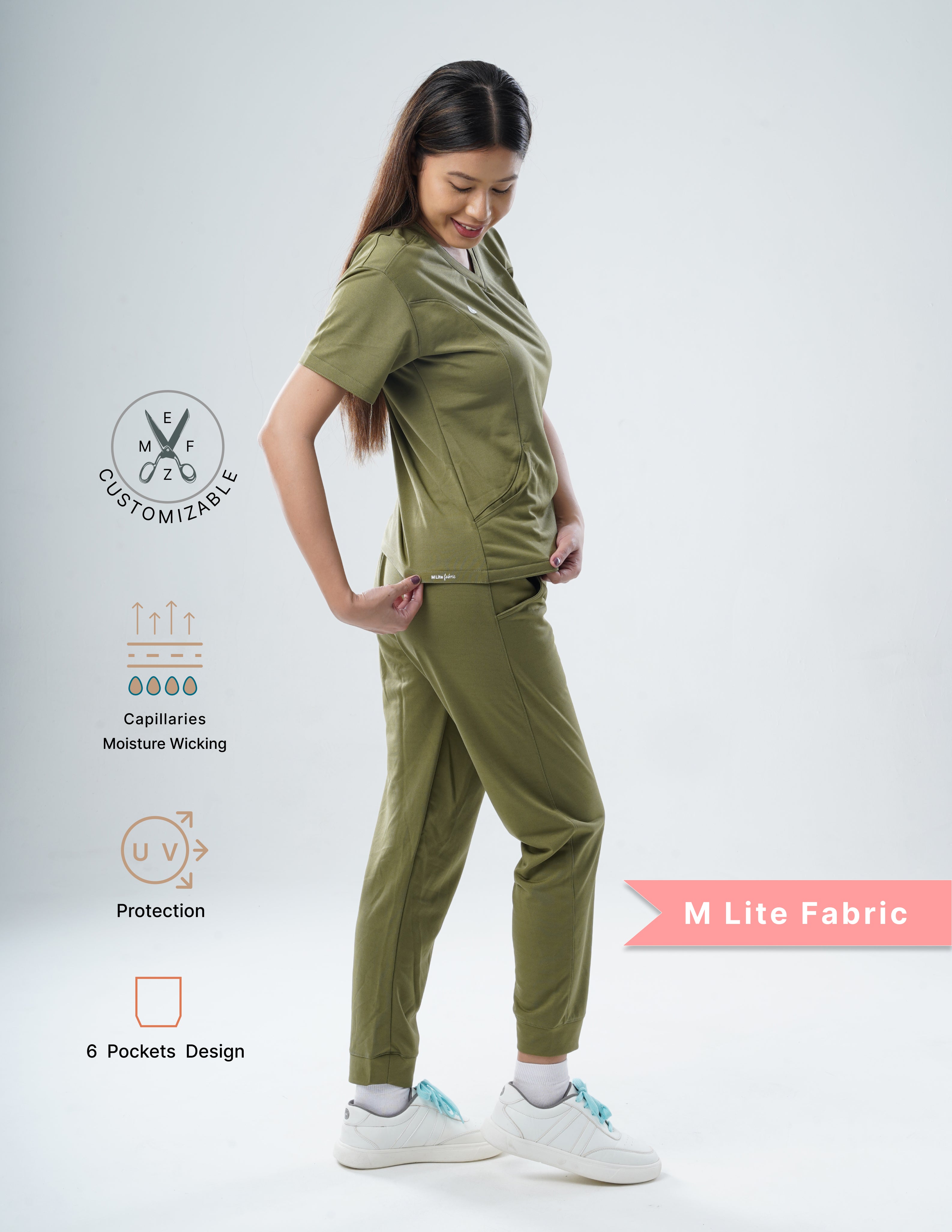 FERIL OLIVE  V Neck / Jogger Pant / 2 way Stretch (FemaleFullset) MKZ43