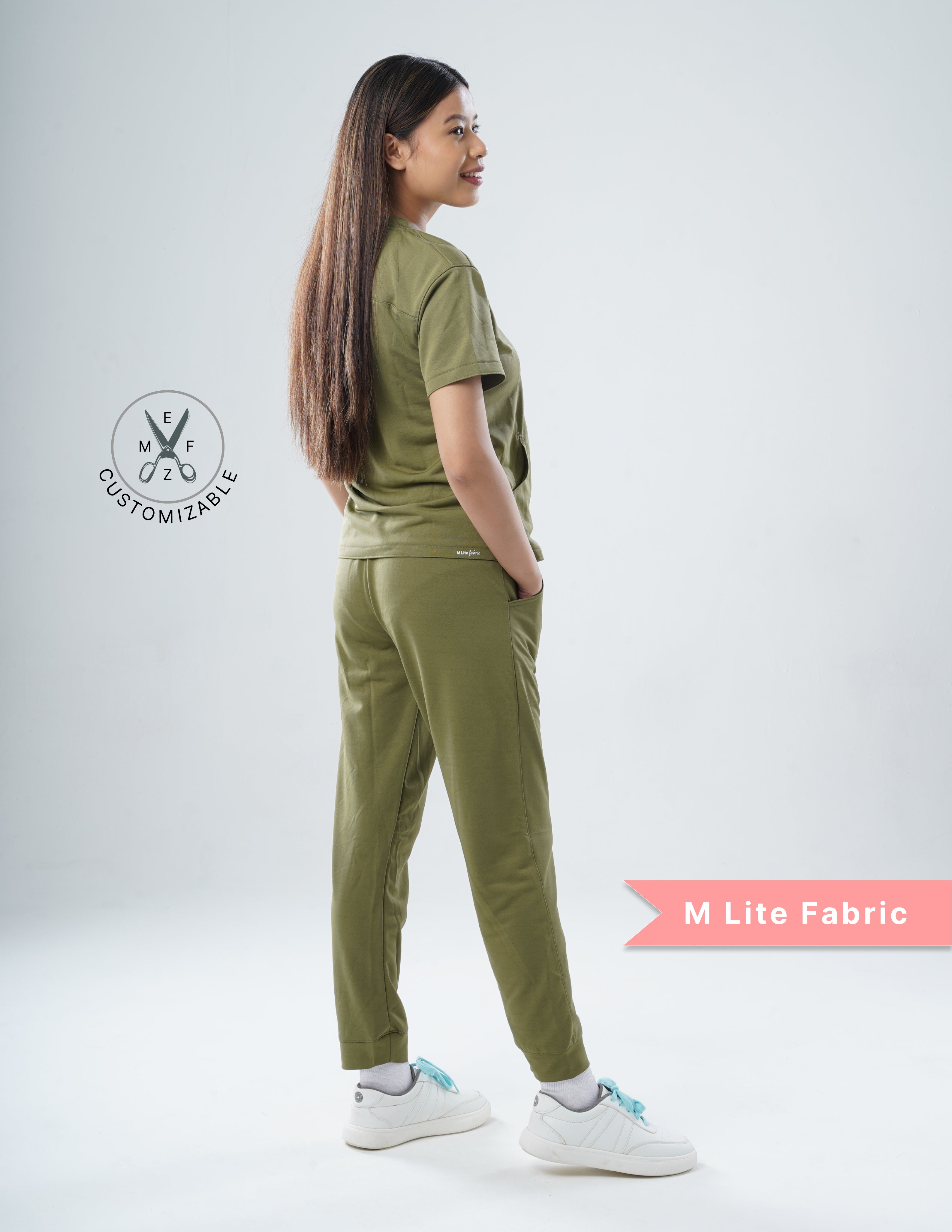 FERIL OLIVE  V Neck / Jogger Pant / 2 way Stretch (FemaleFullset) MKZ43