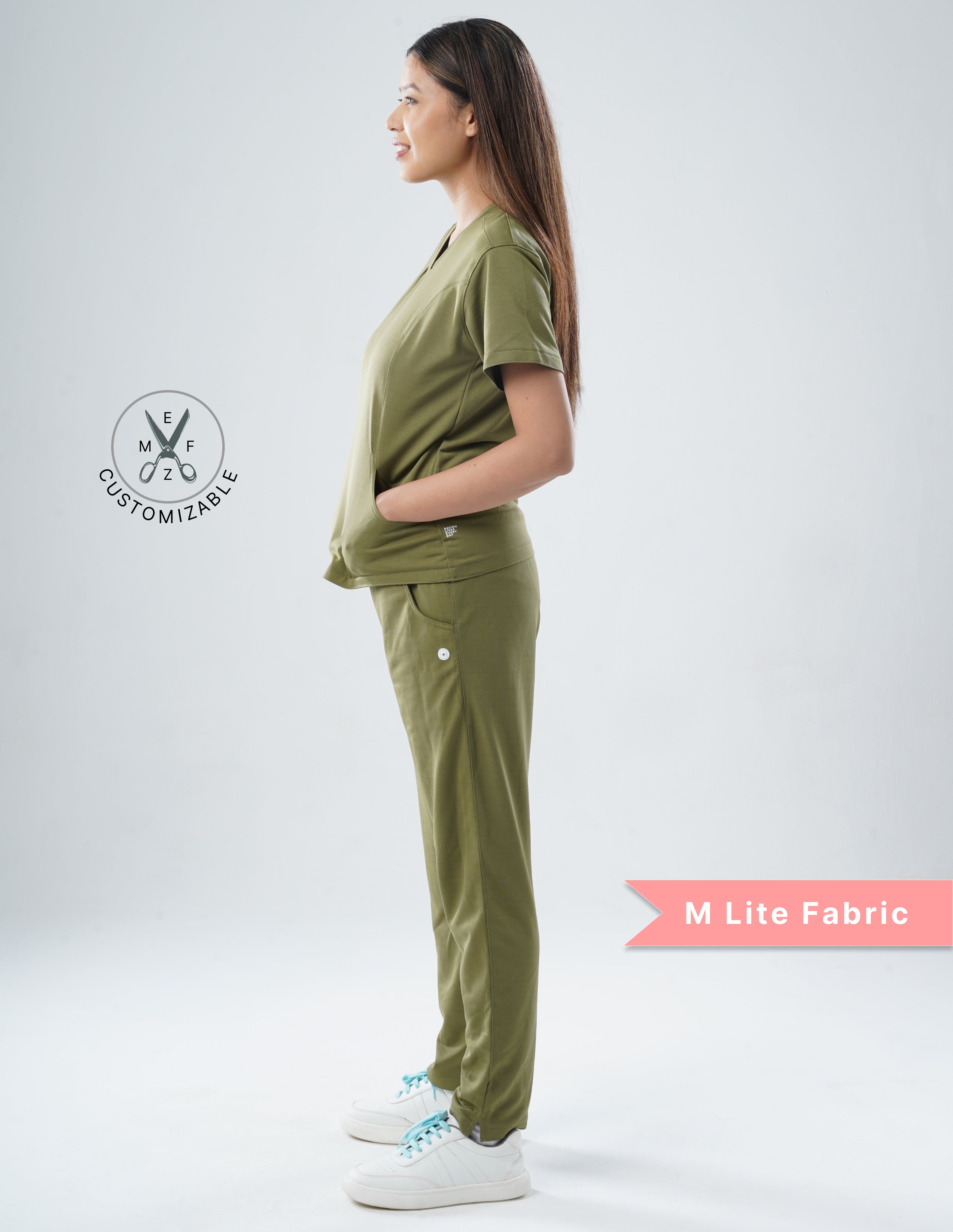 FERIL OLIVE  V Neck / Straight Pant / 2 way Stretch (FemaleFullset) MKZ44