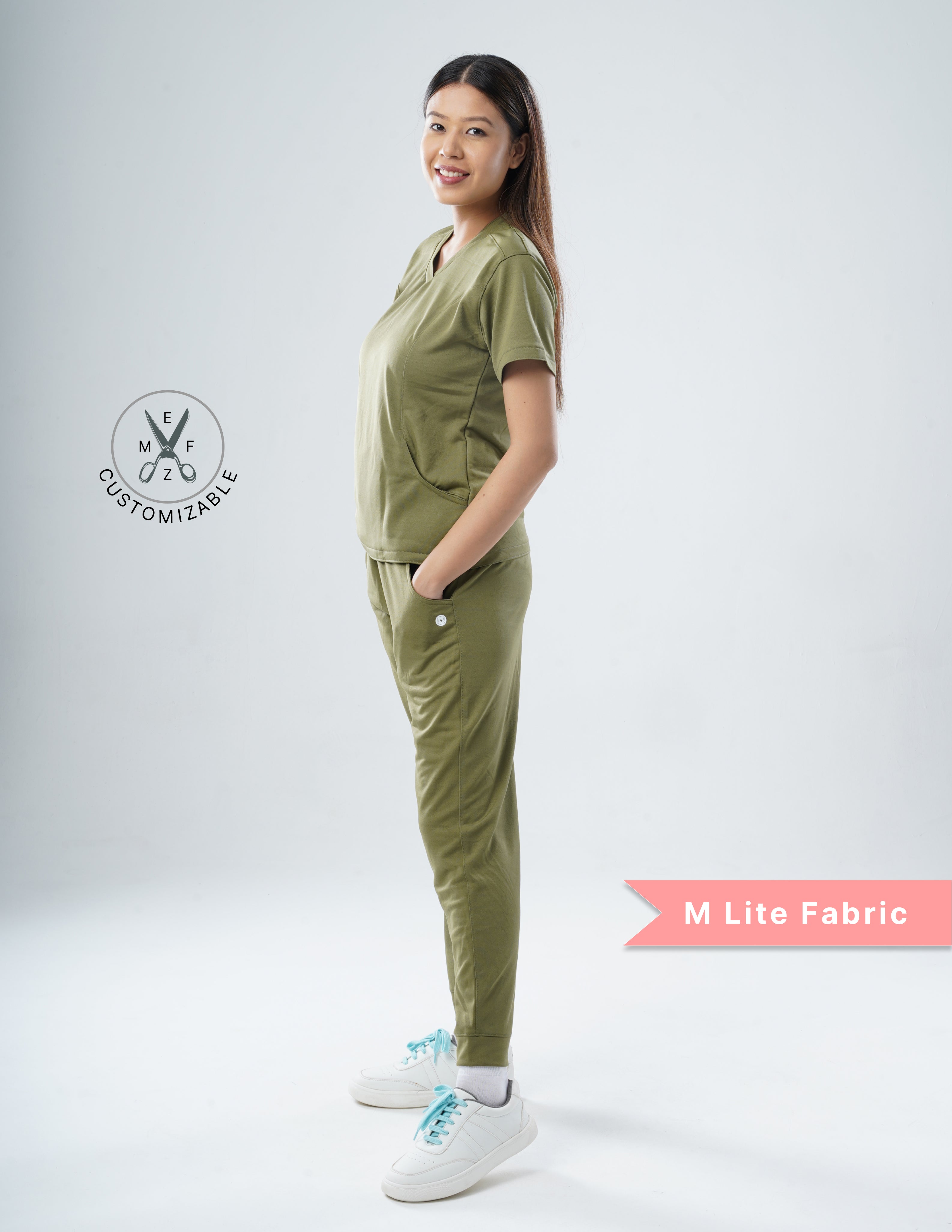 FERIL OLIVE  V Neck / Jogger Pant / 2 way Stretch (FemaleFullset) MKZ43