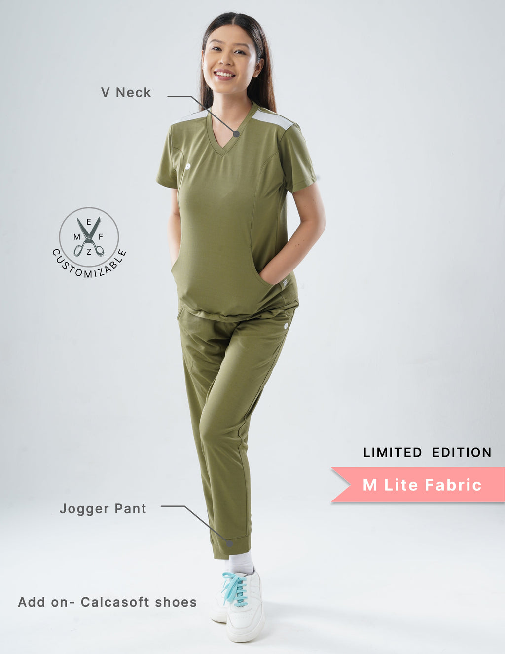 FERIL OLIVE - LIMITED EDITION V Neck / Jogger Pant / 2 way Stretch (FemaleFullset) MKZ45