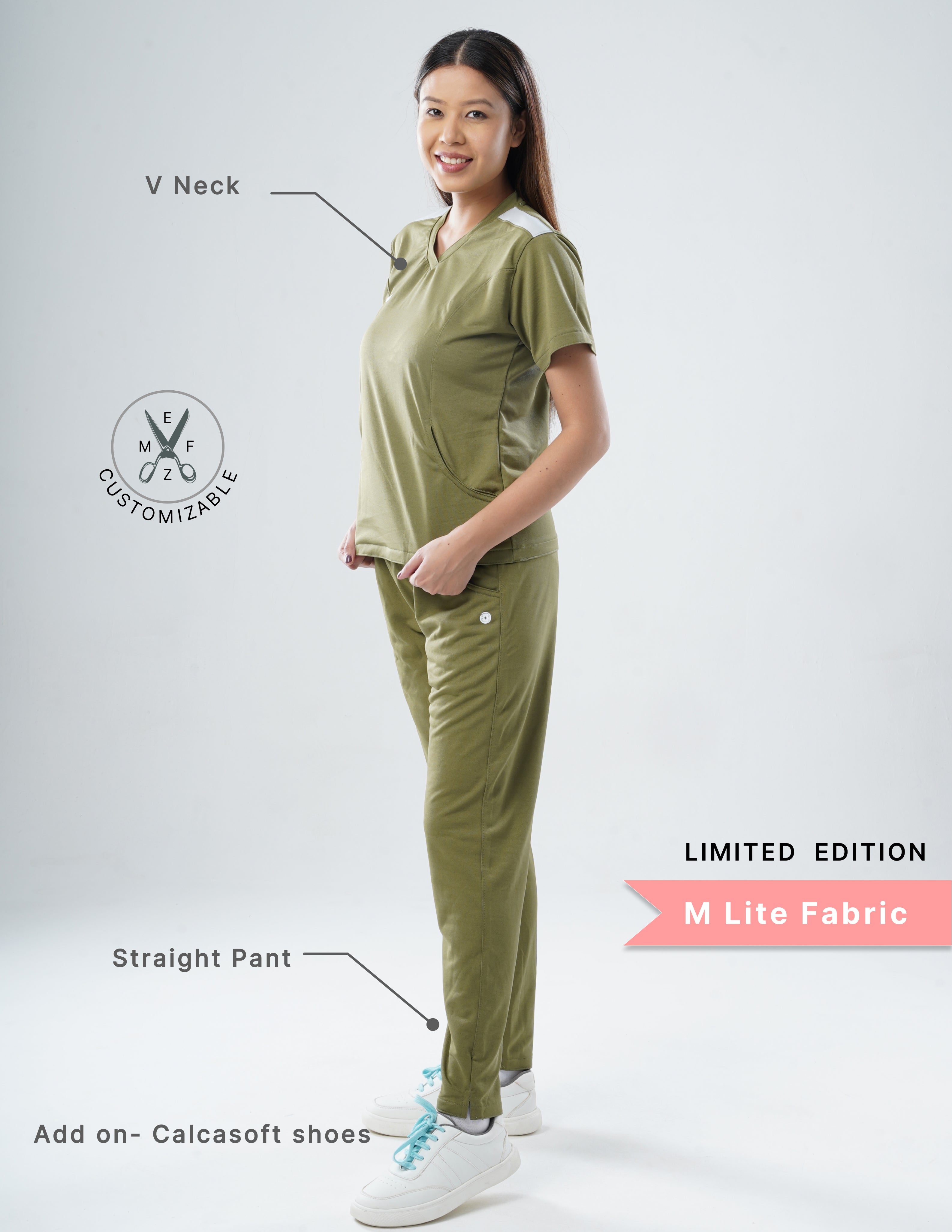 FERIL OLIVE - LIMITED EDITION V Neck / Straight Pant / 2 way Stretch (FemaleFullset) MKZ46