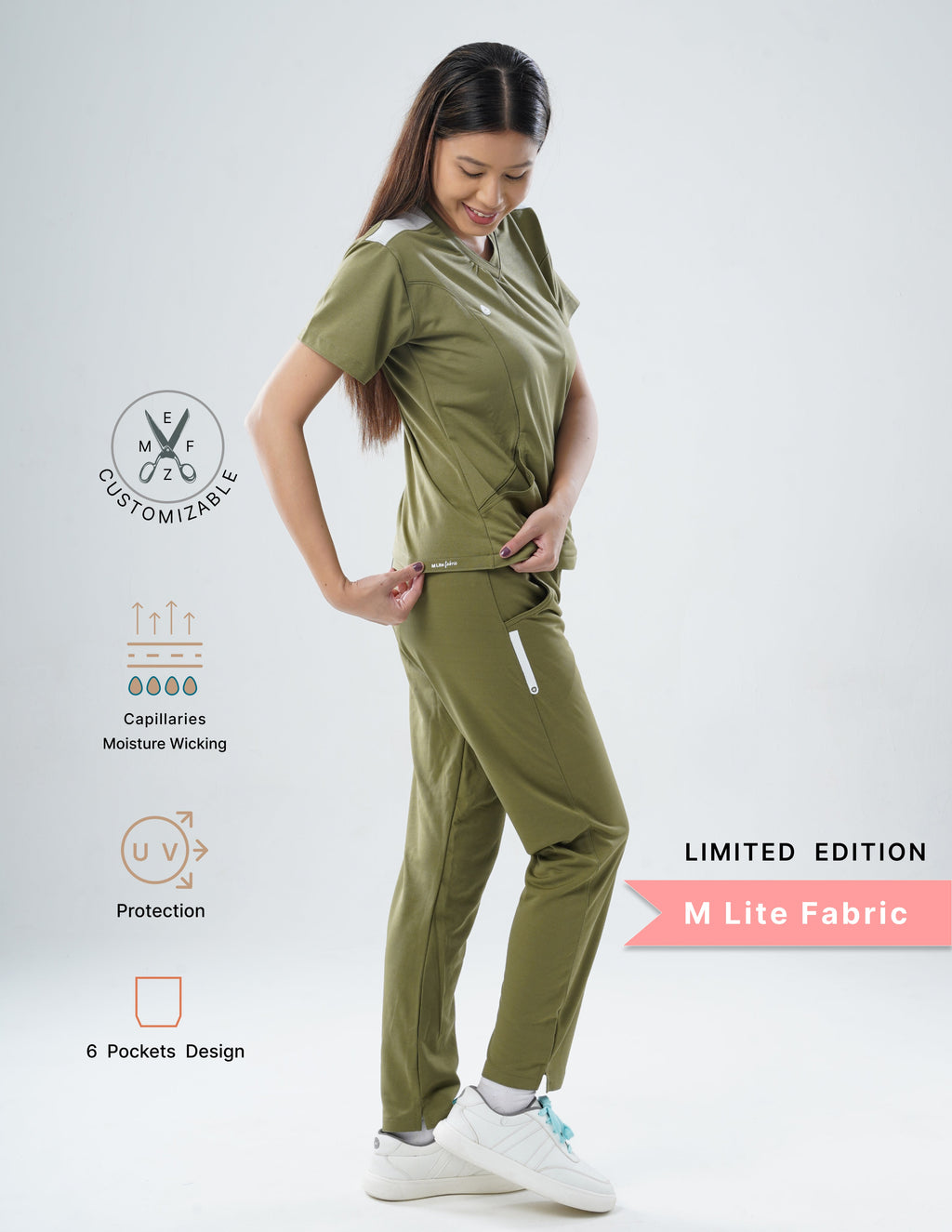 FERIL OLIVE - LIMITED EDITION V Neck / Straight Pant / 2 way Stretch (FemaleFullset) MKZ46