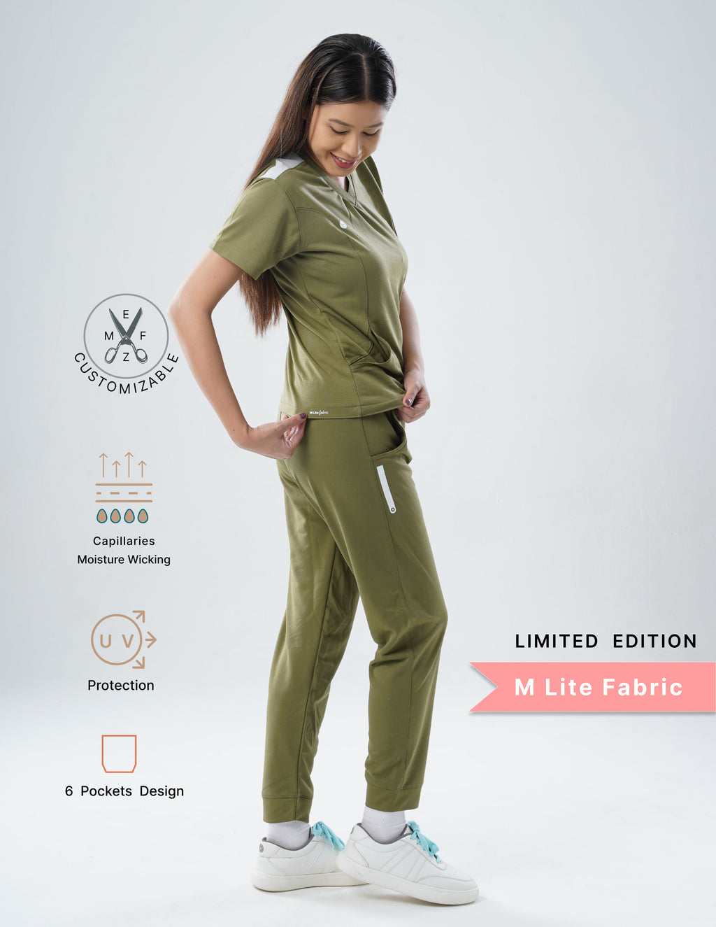 FERIL OLIVE - LIMITED EDITION V Neck / Jogger Pant / 2 way Stretch (FemaleFullset) MKZ45