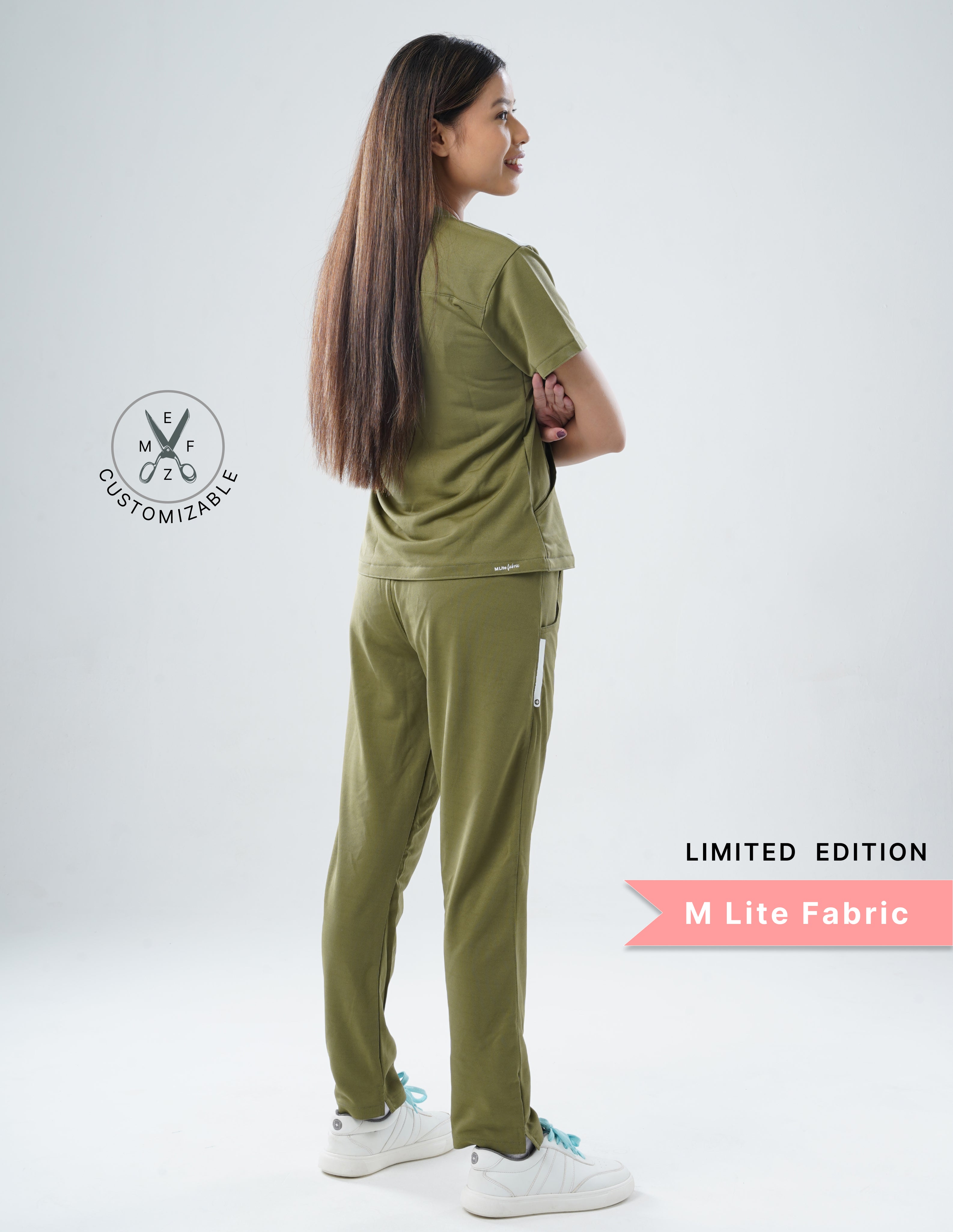 FERIL OLIVE - LIMITED EDITION V Neck / Straight Pant / 2 way Stretch (FemaleFullset) MKZ46