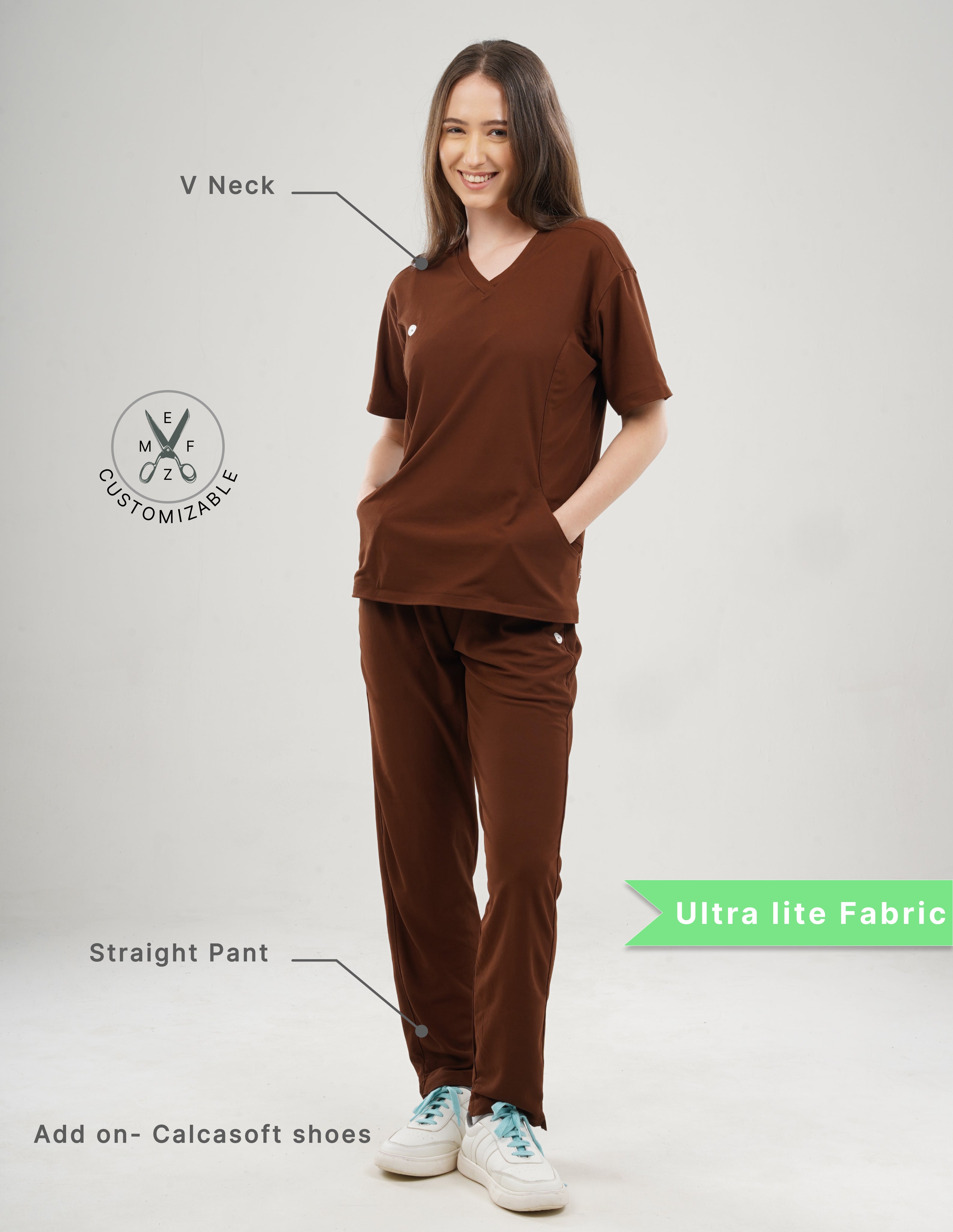 MOCHA BROWN  V Neck / Straight Pant / 2 way Stretch (FemaleFullset) MKZ92