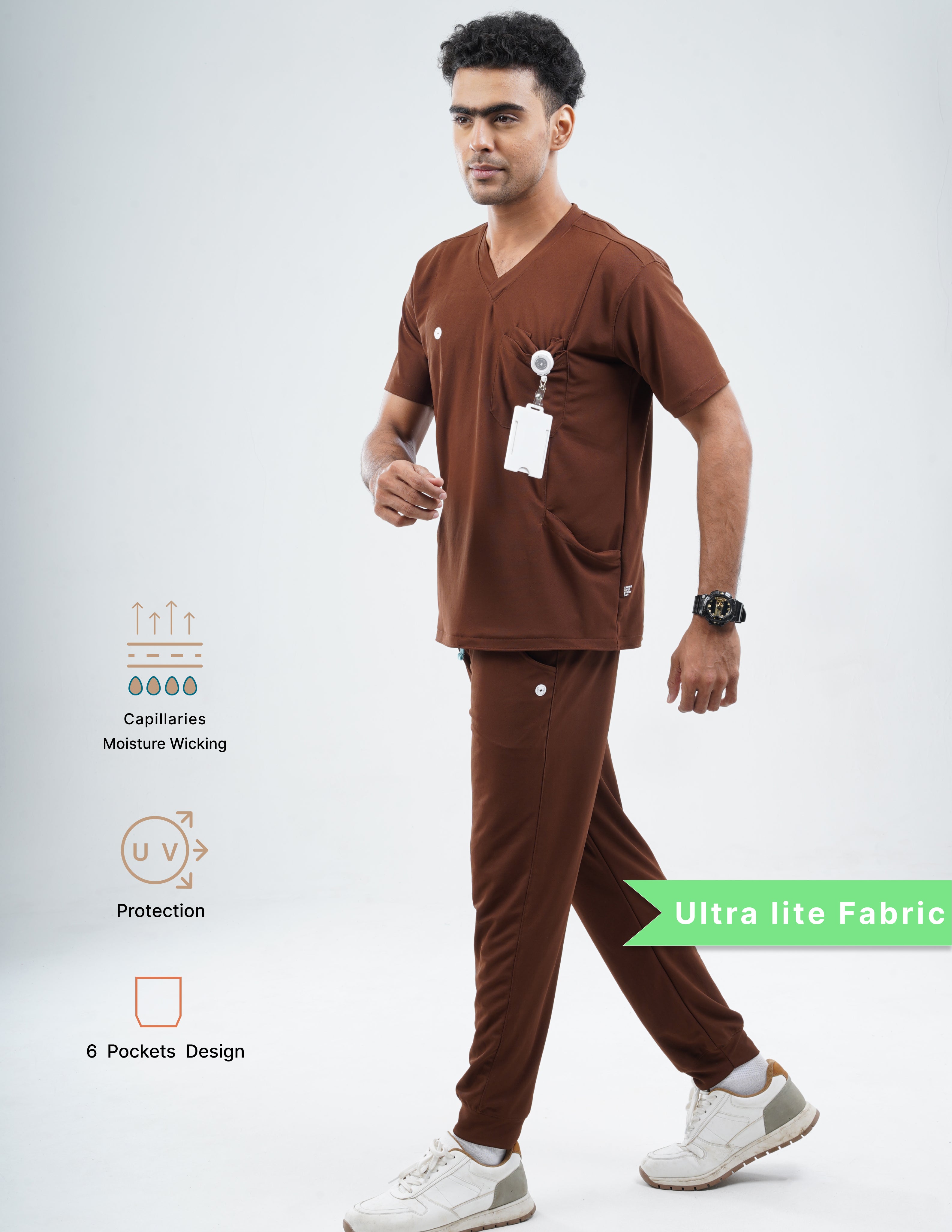 MOCHA BROWN  V Neck / Jogger Pant / 2 way Stretch (MaleFullset) MKZ218