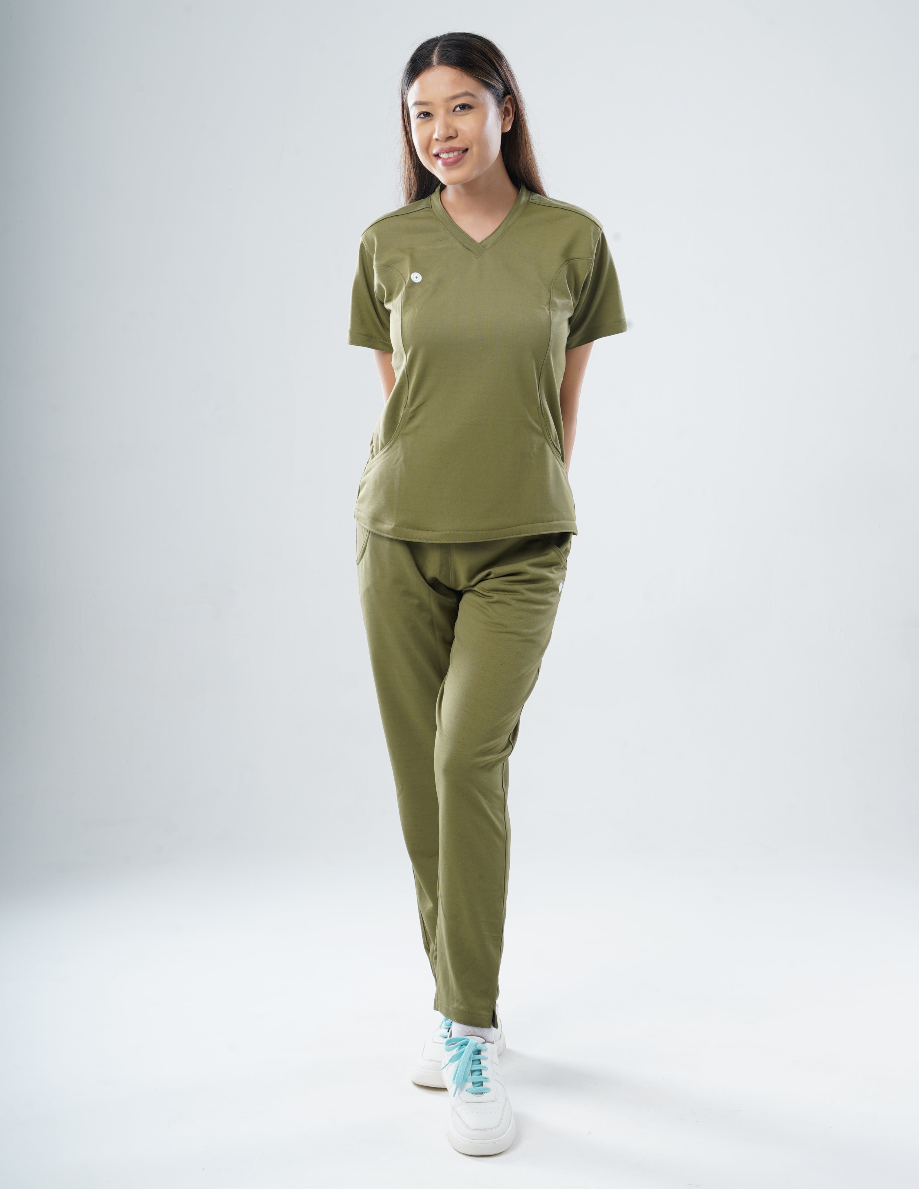 FERIL OLIVE  V Neck / Straight Pant / 2 way Stretch (FemaleFullset) MKZ44
