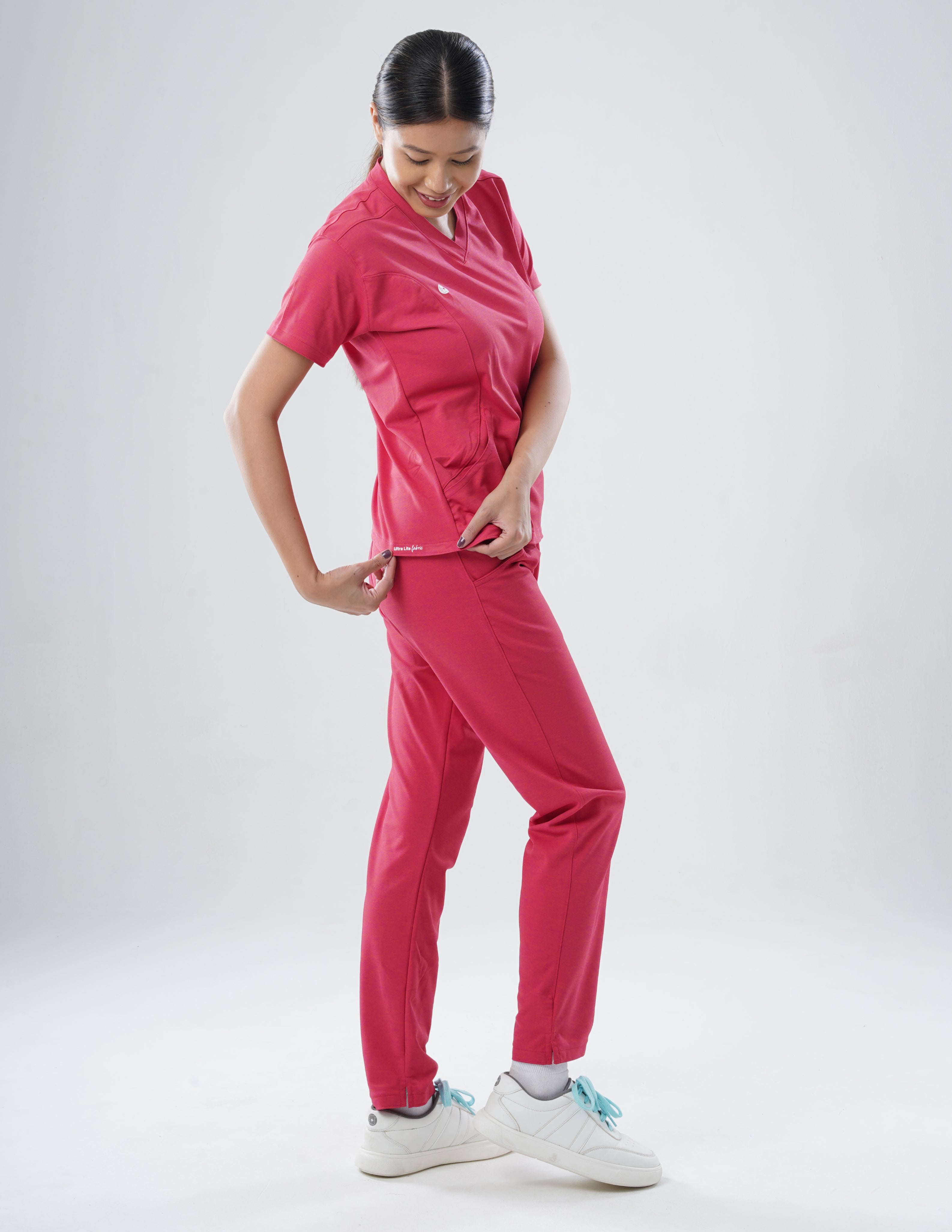 MELANGE PINK  V Neck / Straight Pant / 2 way Stretch (FemaleFullset) MKZ80