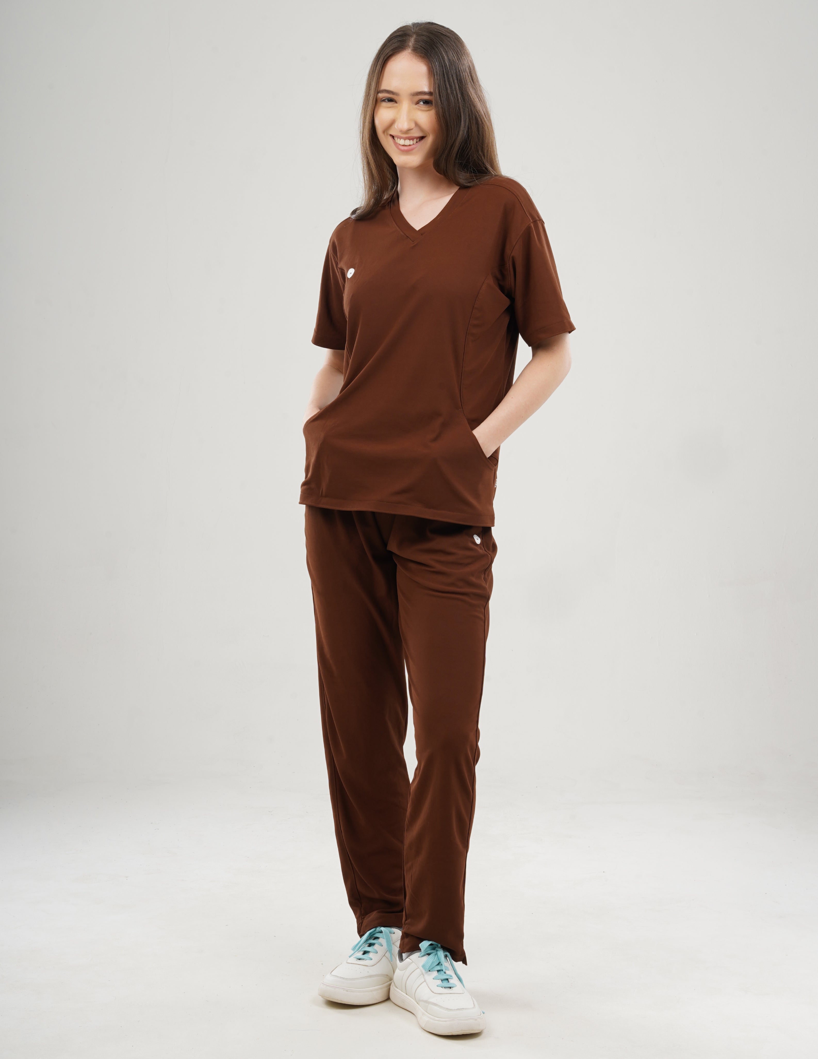 MOCHA BROWN  V Neck / Straight Pant / 2 way Stretch (FemaleFullset) MKZ92