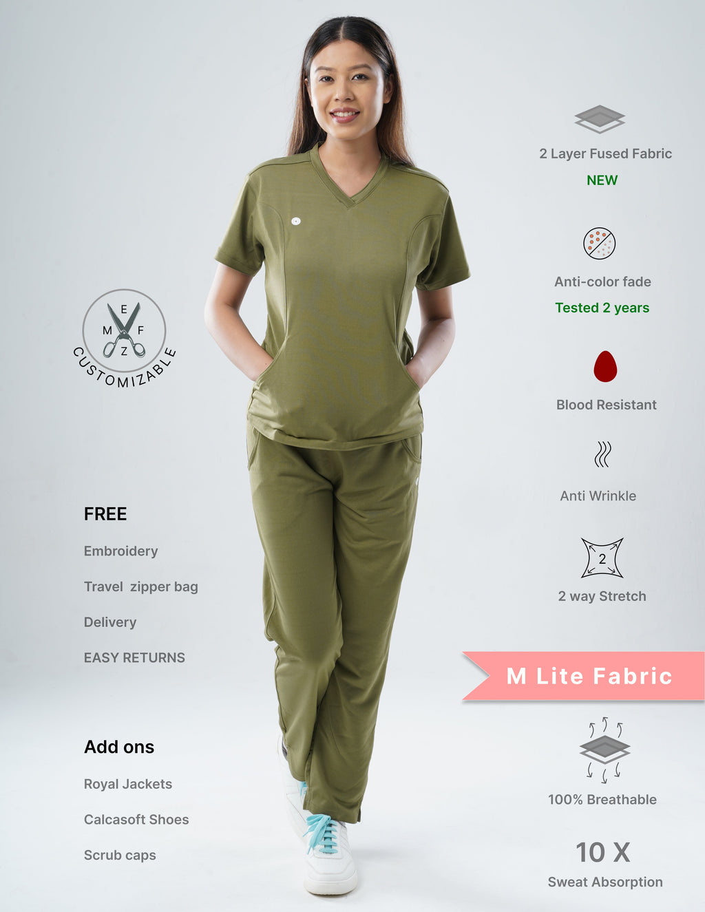 FERIL OLIVE  V Neck / Straight Pant / 2 way Stretch (FemaleFullset) MKZ44