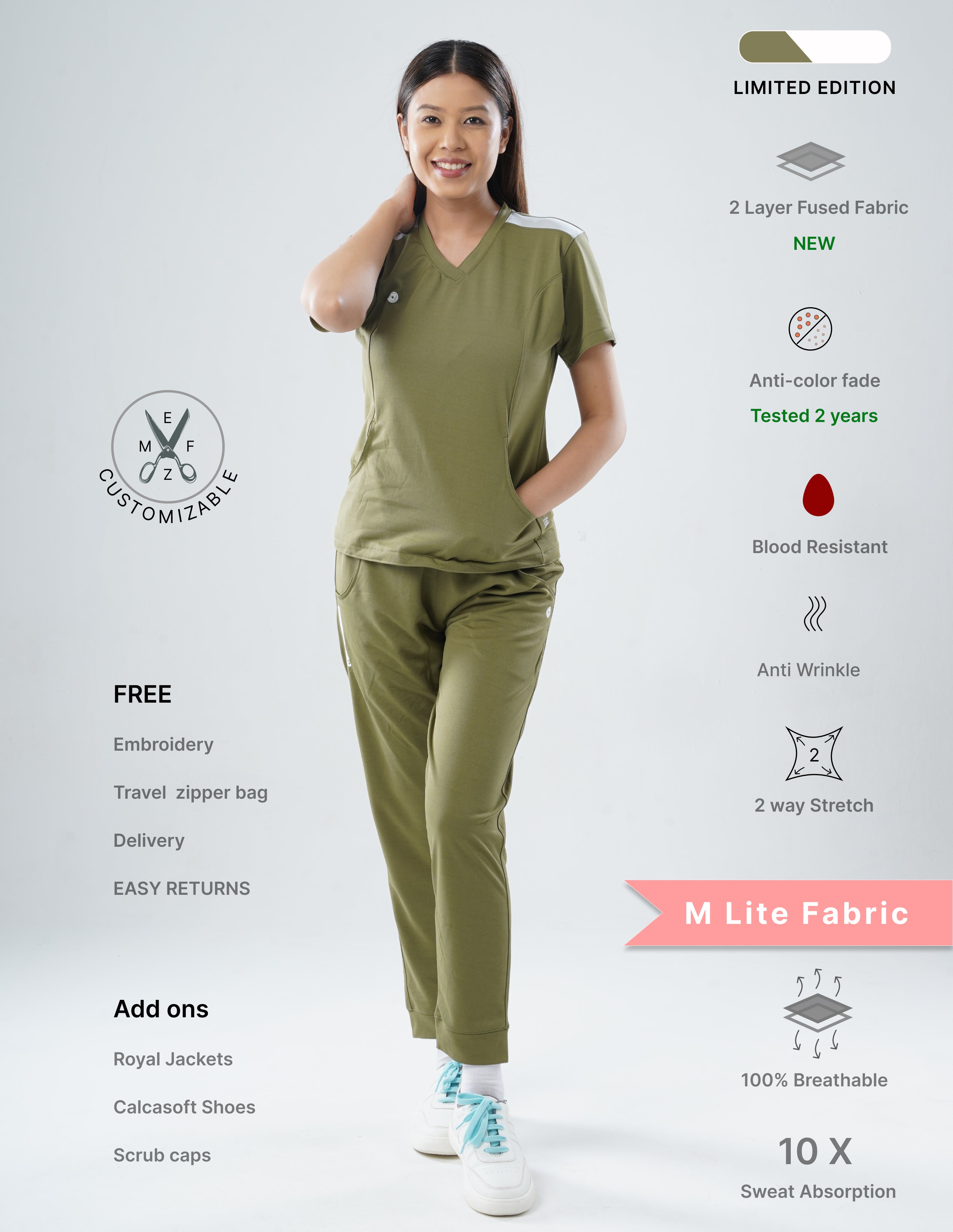 FERIL OLIVE - LIMITED EDITION V Neck / Jogger Pant / 2 way Stretch (FemaleFullset) MKZ45
