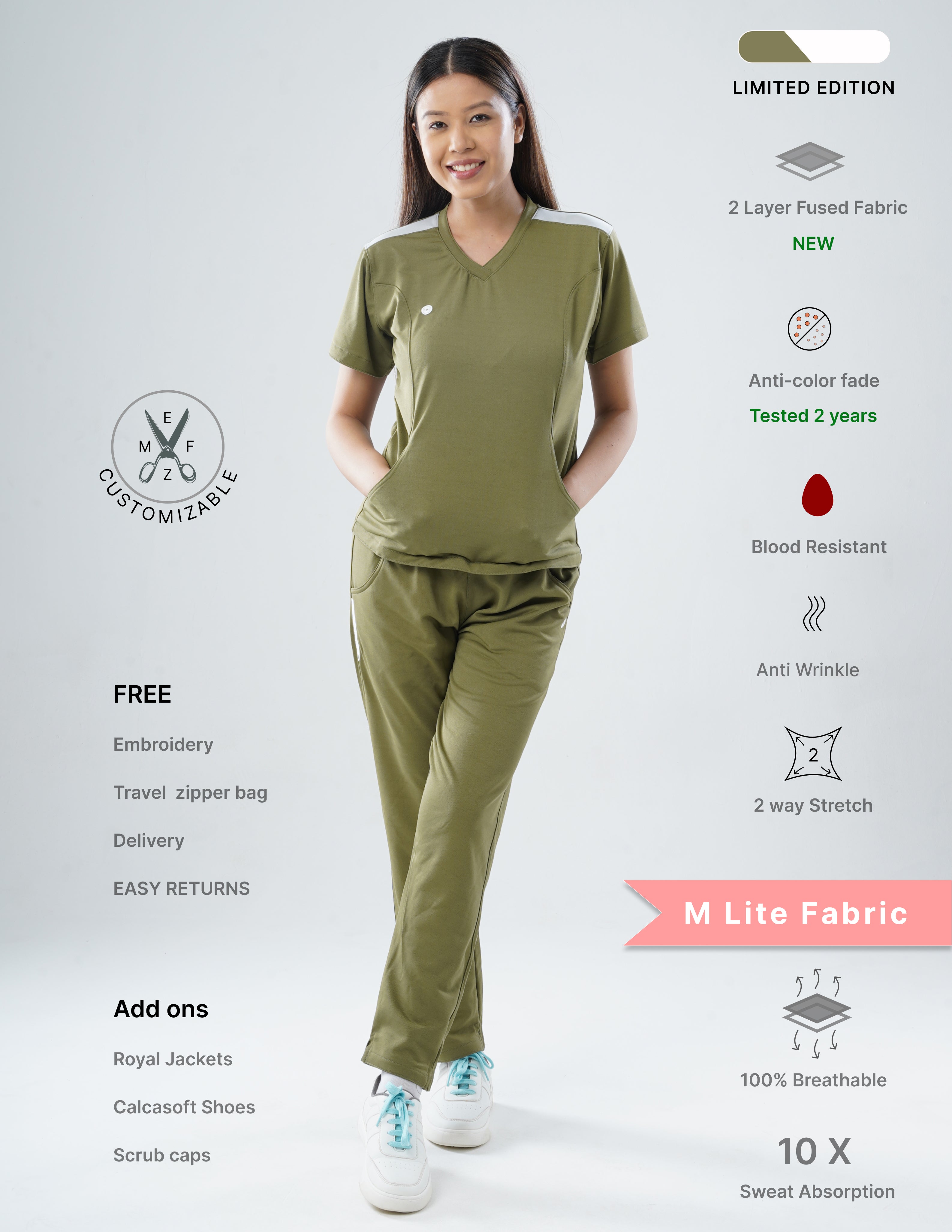 FERIL OLIVE - LIMITED EDITION V Neck / Straight Pant / 2 way Stretch (FemaleFullset) MKZ46
