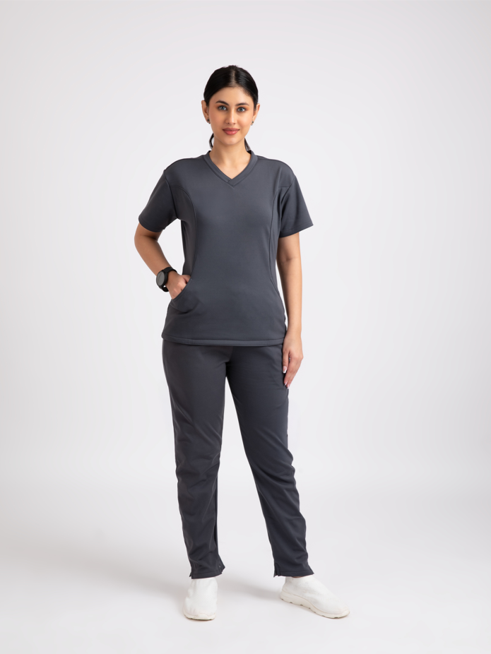Charcoal Grey V Neck Straight Pant Female Fullset NMKZ4F