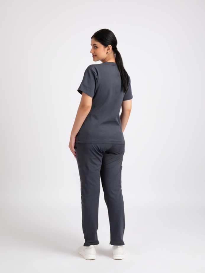 Charcoal Grey V Neck Straight Pant Female Fullset NMKZ4F