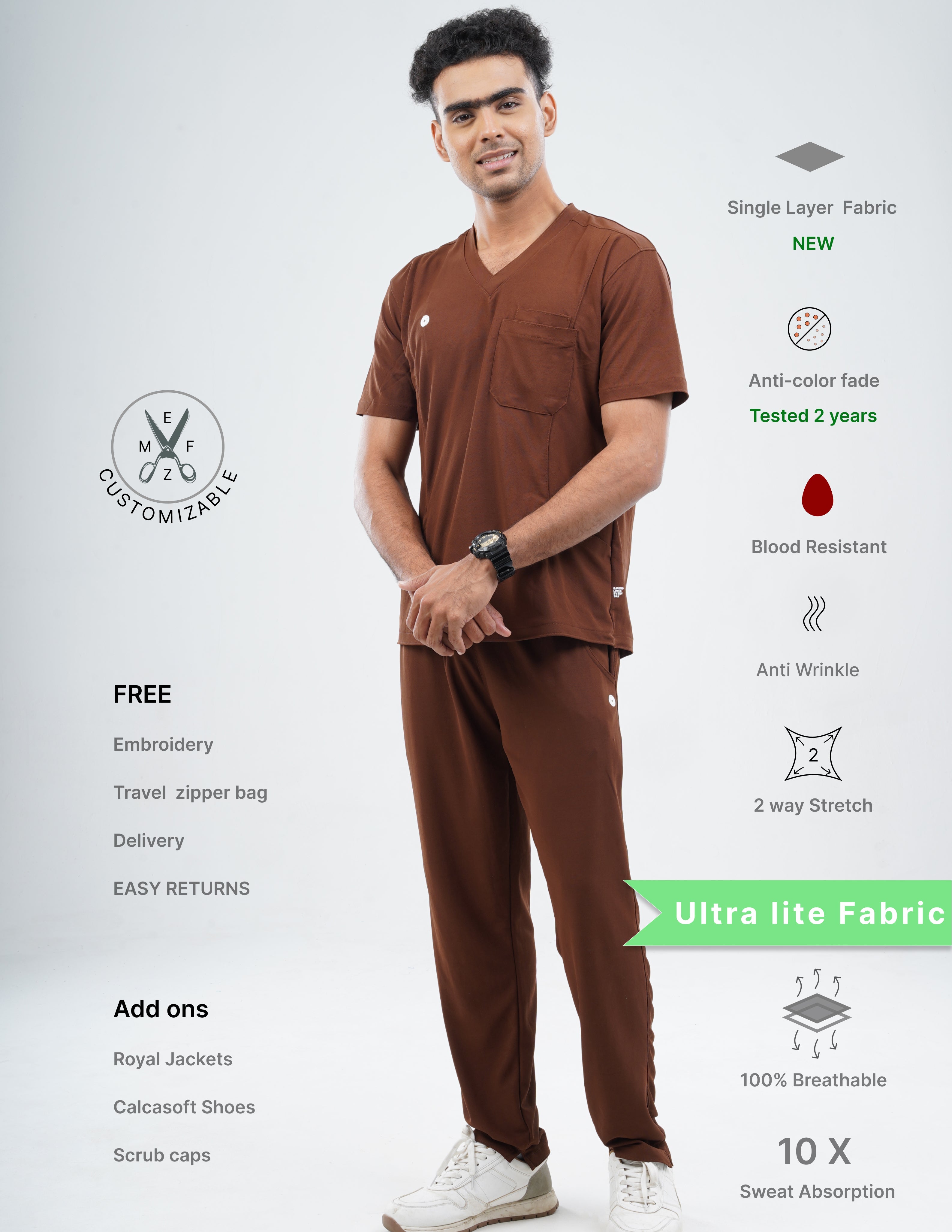 MOCHA BROWN  V Neck / Straight Pant / 2 way Stretch (MaleFullset) MKZ219
