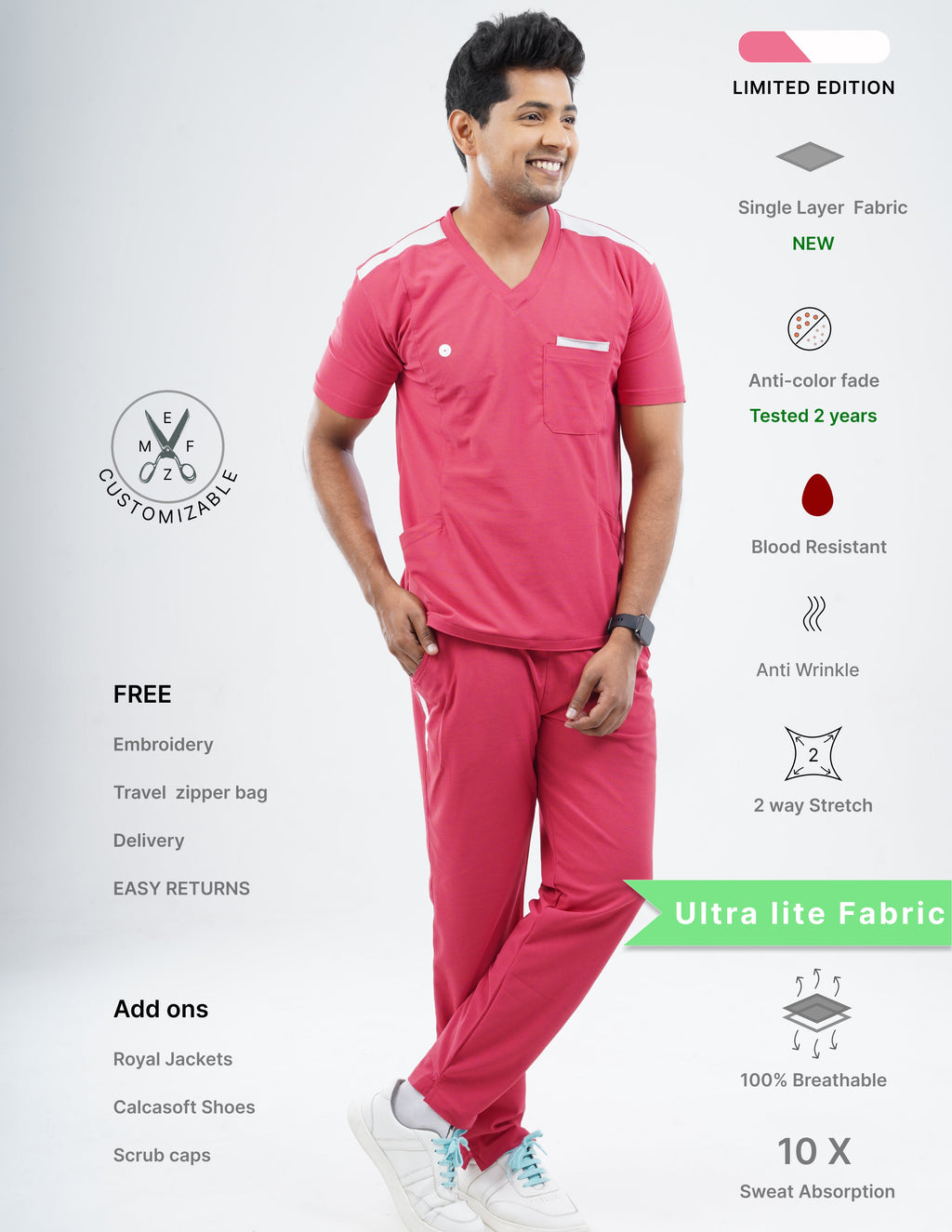 MELANGE PINK - LIMITED EDITION  V Neck / Straight Pant / 2 way Stretch (MaleFullset) MKZ209